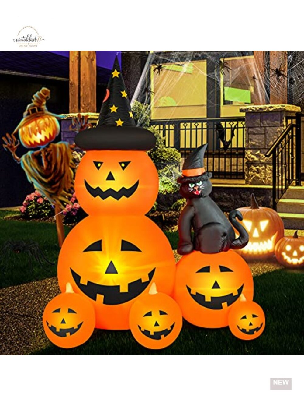 6 FT Halloween Inflatable Outdoor Decor with Ghost Pumpkin and Black Cat